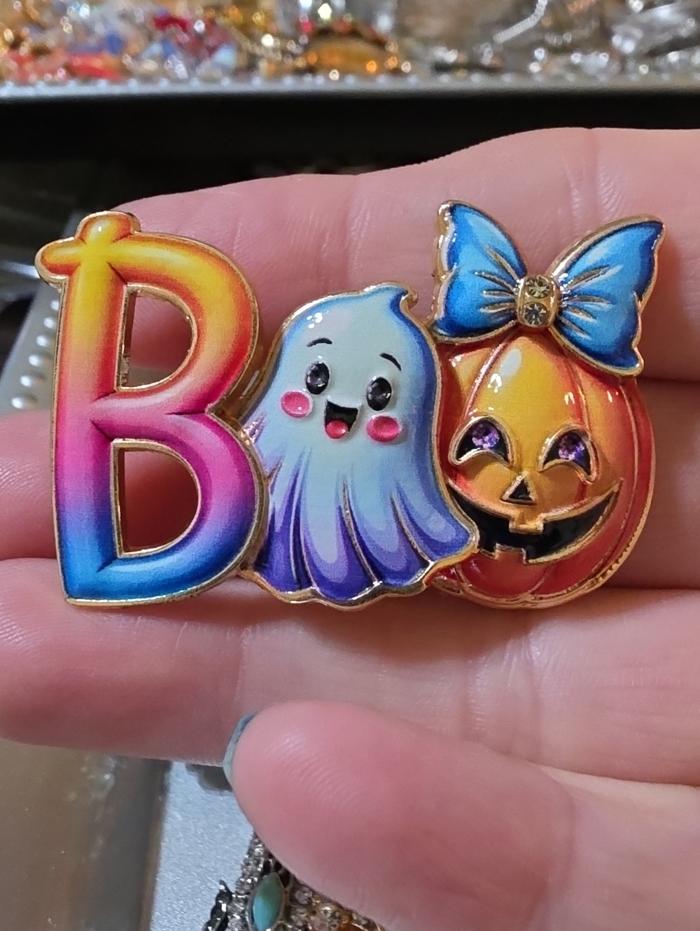 A42- Fun Halloween Boo Enamel Pin in Rainbow, Blue, Orange